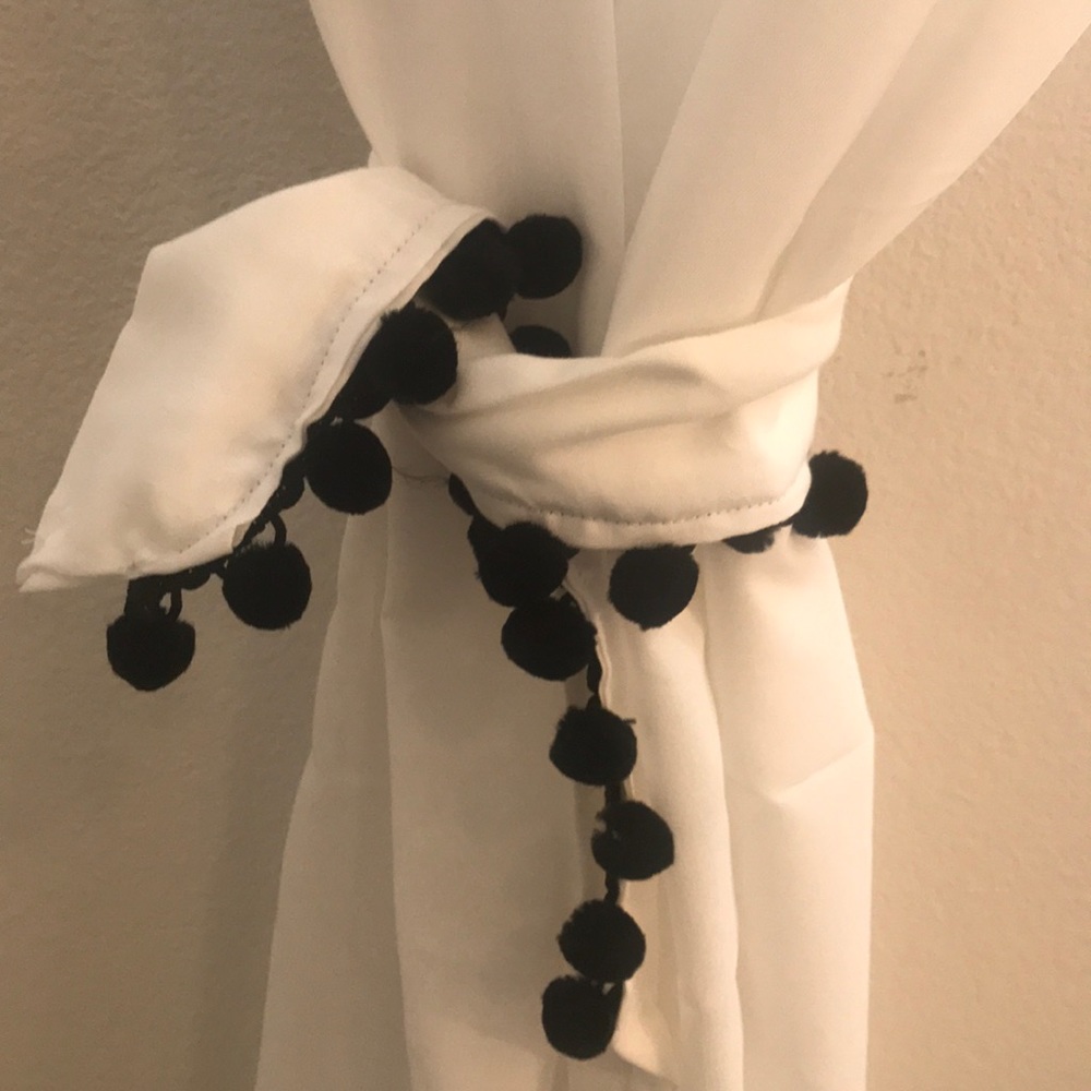 Custom White Curtains with Black Pom Pom Trim